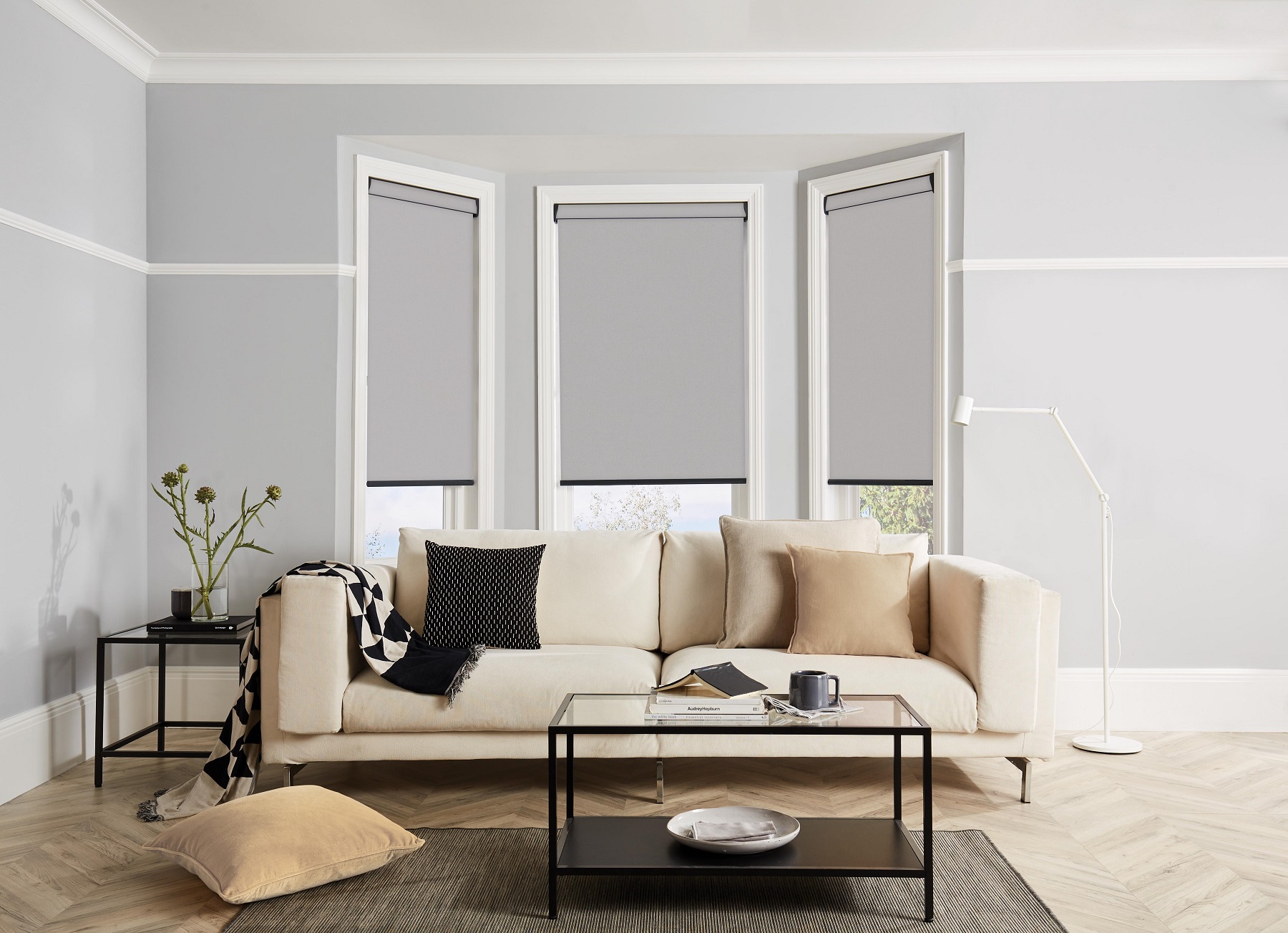 Modern living room with smart blinds